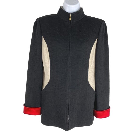 St. John Jacket Womens Size 4 Santana Knit Black Ivory Red‎ Full Zip CJ-1410 - Picture 1 of 8